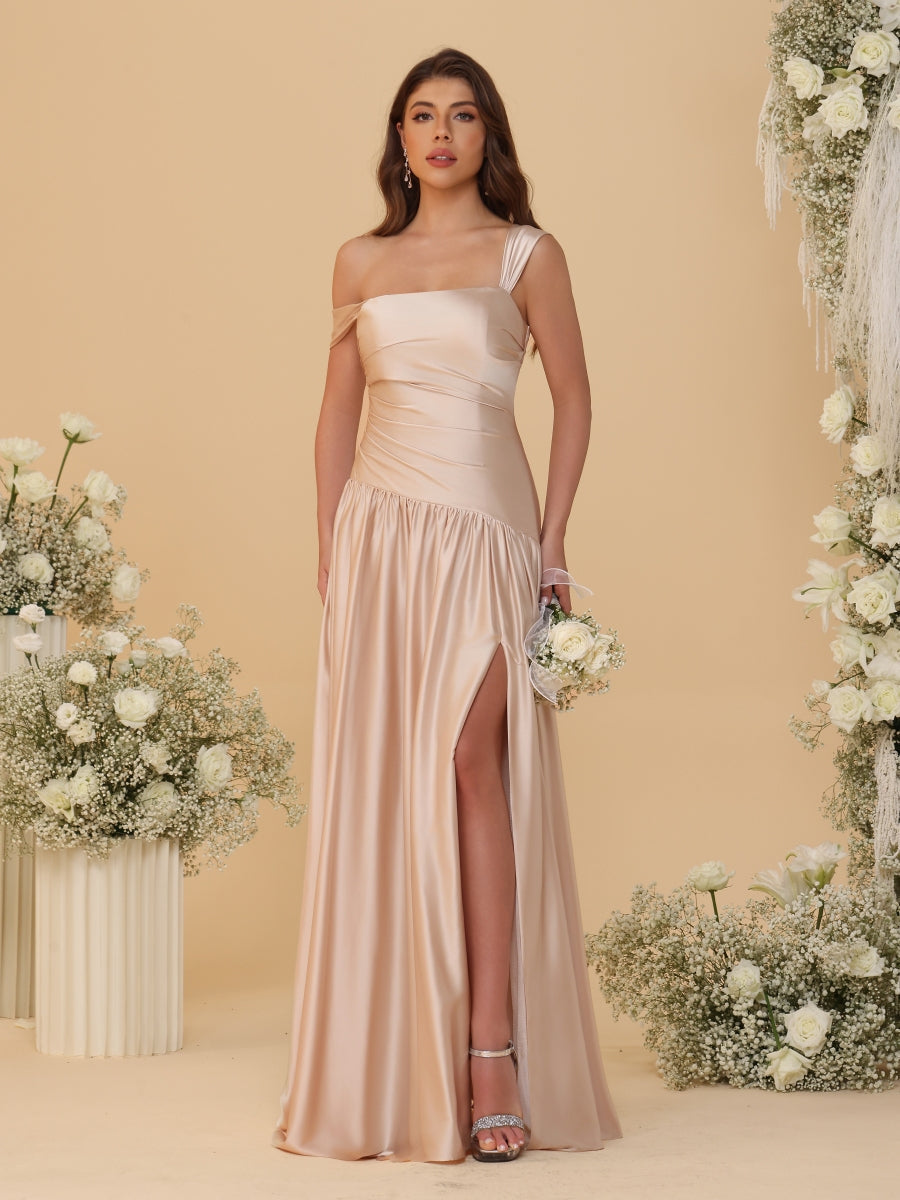 A-Line/Princess Off-the-Shoulder  Ruched Long Bridesmaid Dresses With Side Slit & Pleats - 이미지 8