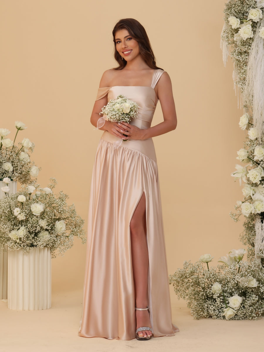 A-Line/Princess Off-the-Shoulder  Ruched Long Bridesmaid Dresses With Side Slit & Pleats - 이미지 9