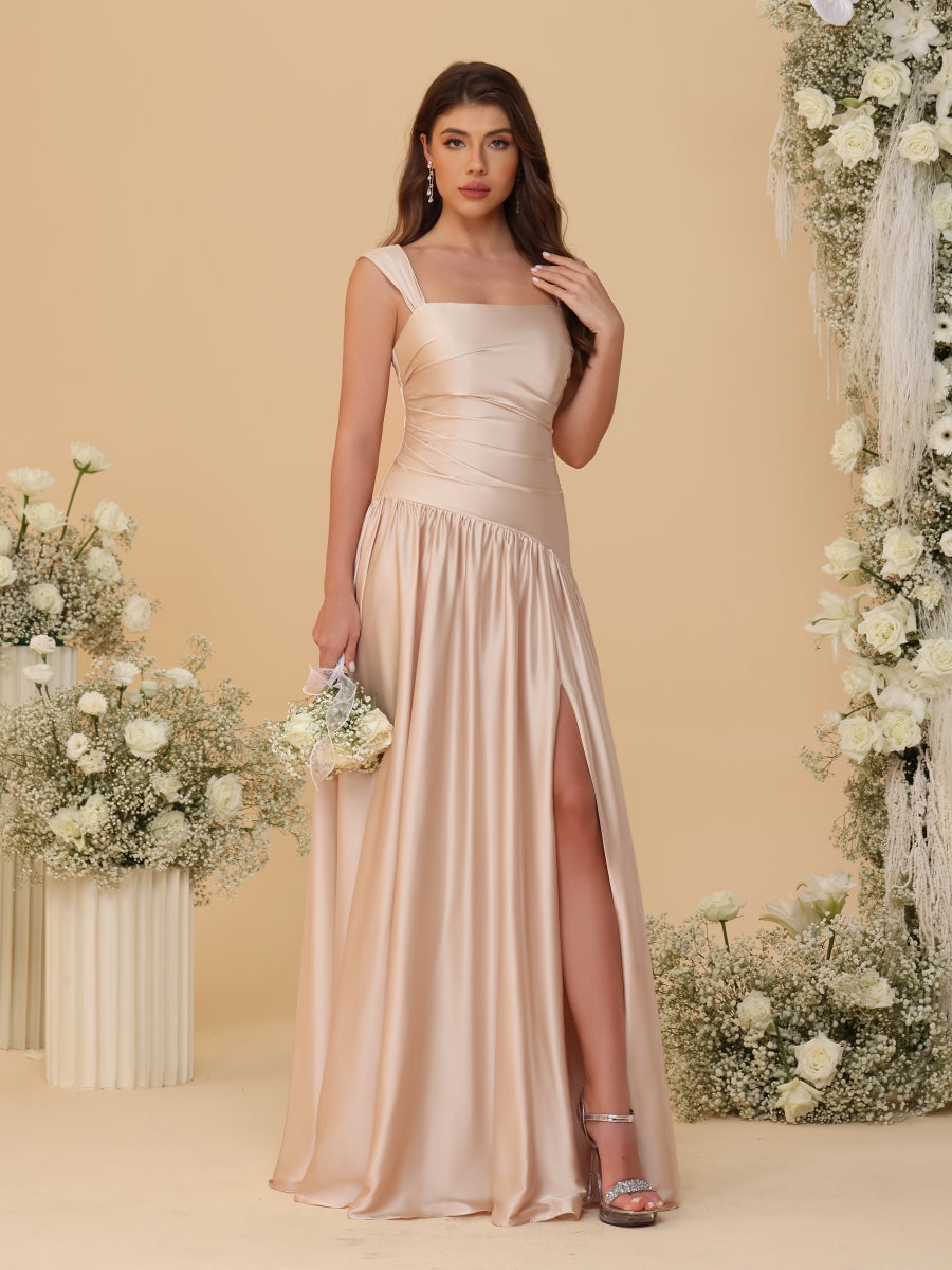 A-Line/Princess Off-the-Shoulder  Ruched Long Bridesmaid Dresses With Side Slit & Pleats - 이미지 10