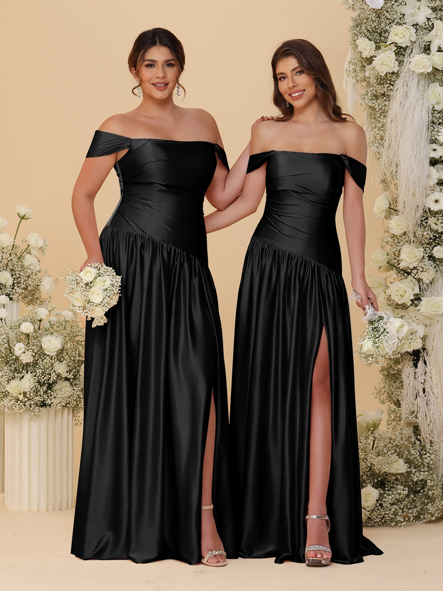 A-Line/Princess Off-the-Shoulder  Ruched Long Bridesmaid Dresses With Side Slit & Pleats - 이미지 33