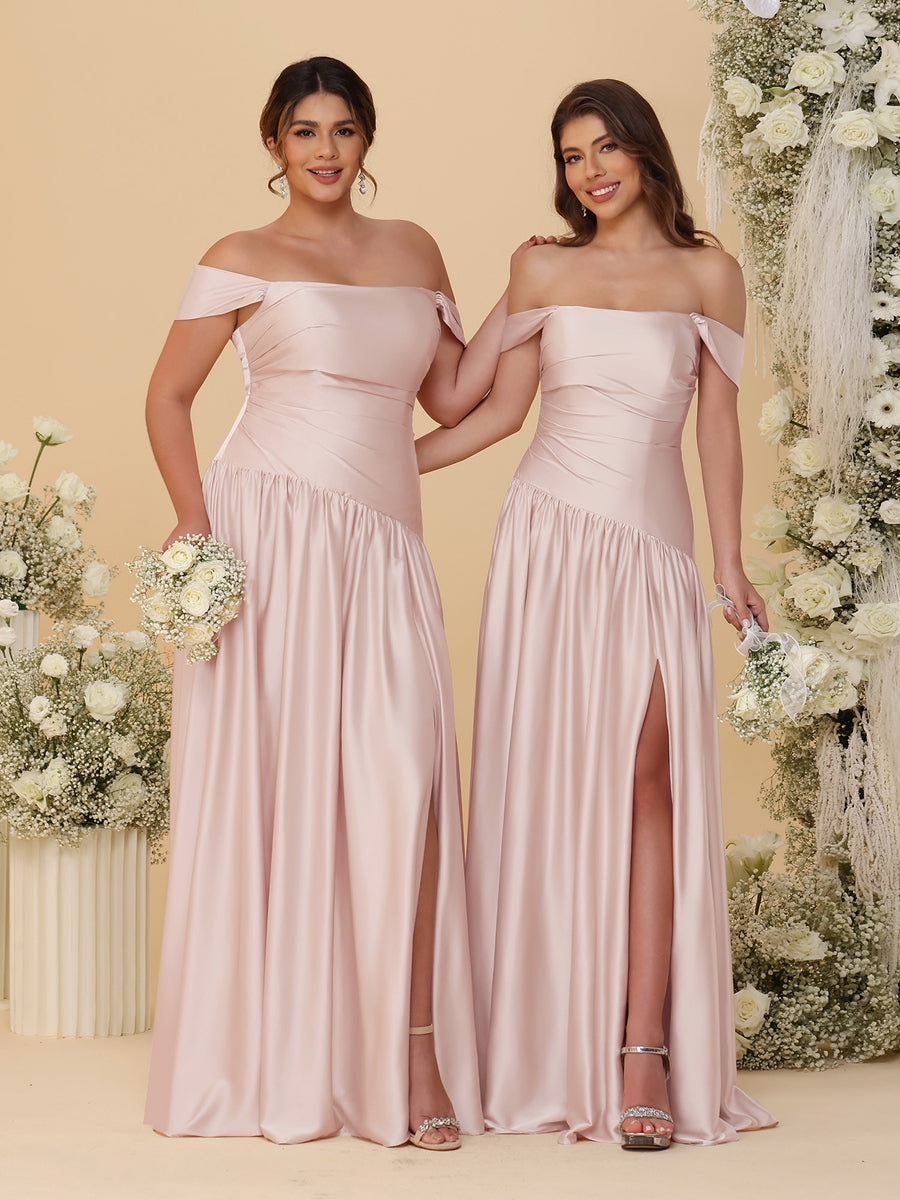 A-Line/Princess Off-the-Shoulder  Ruched Long Bridesmaid Dresses With Side Slit & Pleats - 이미지 24