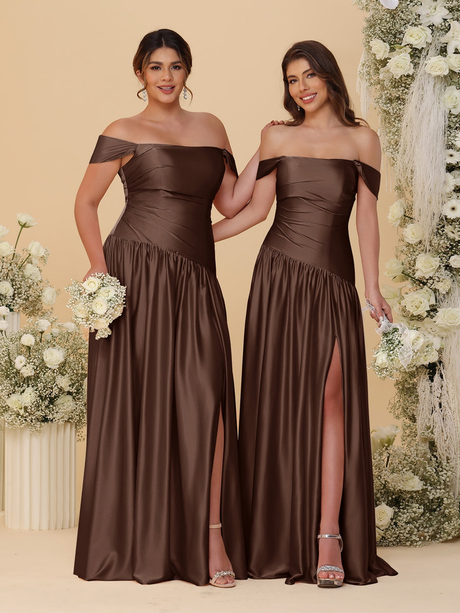 A-Line/Princess Off-the-Shoulder  Ruched Long Bridesmaid Dresses With Side Slit & Pleats - 이미지 63
