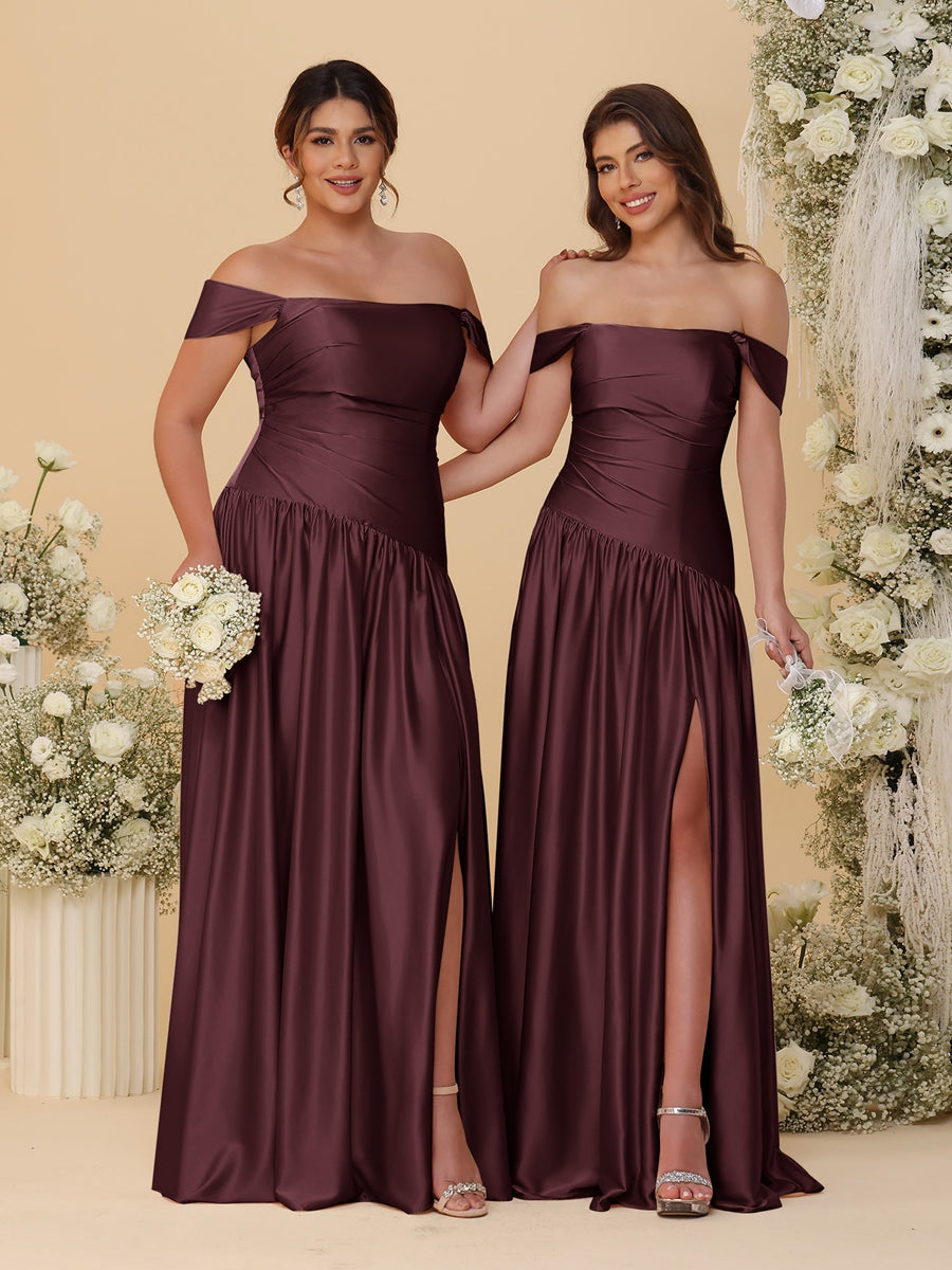 A-Line/Princess Off-the-Shoulder  Ruched Long Bridesmaid Dresses With Side Slit & Pleats - 이미지 41