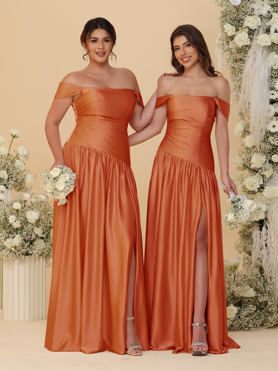 A-Line/Princess Off-the-Shoulder  Ruched Long Bridesmaid Dresses With Side Slit & Pleats - 이미지 42