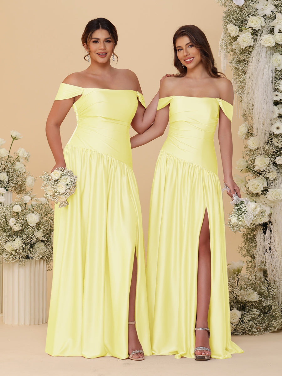 A-Line/Princess Off-the-Shoulder  Ruched Long Bridesmaid Dresses With Side Slit & Pleats - 이미지 25