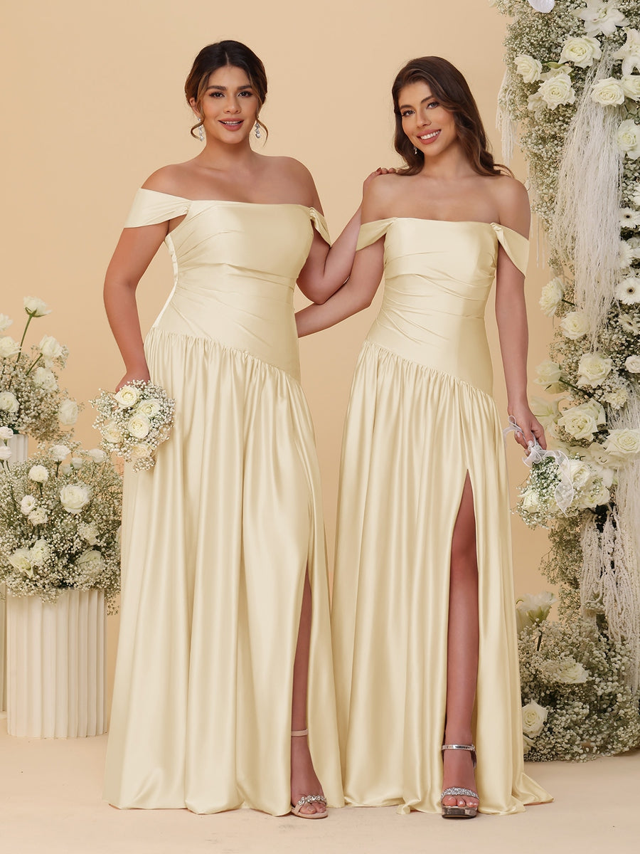 A-Line/Princess Off-the-Shoulder  Ruched Long Bridesmaid Dresses With Side Slit & Pleats - 이미지 26