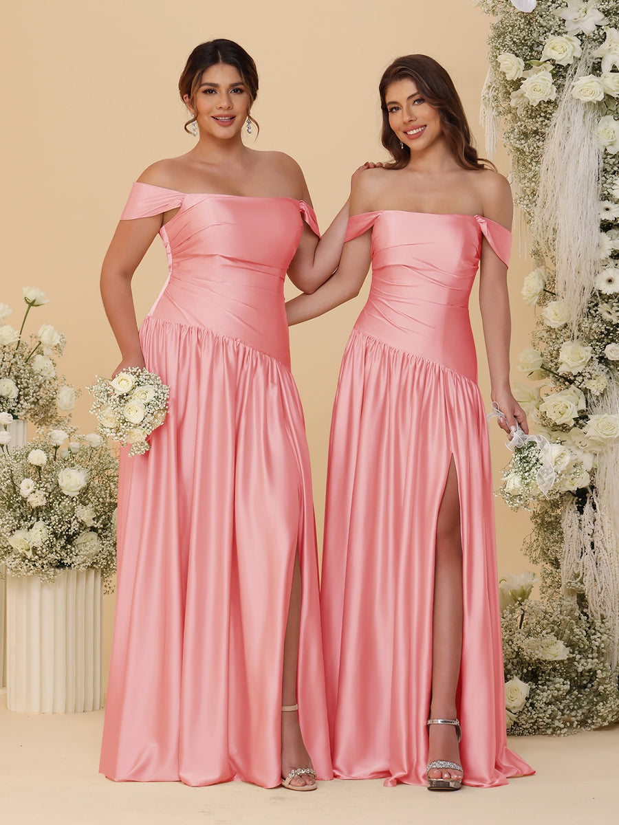 A-Line/Princess Off-the-Shoulder  Ruched Long Bridesmaid Dresses With Side Slit & Pleats - 이미지 34