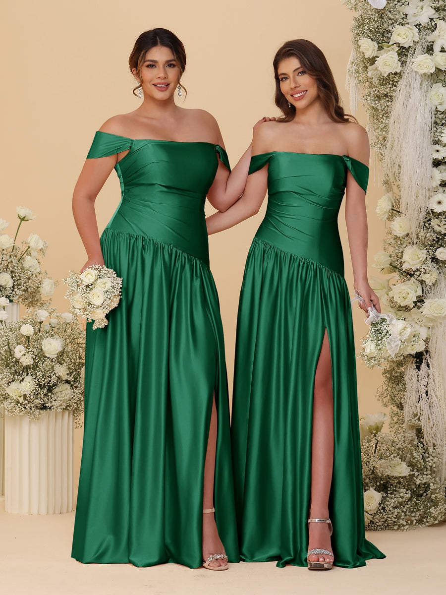 A-Line/Princess Off-the-Shoulder  Ruched Long Bridesmaid Dresses With Side Slit & Pleats - 이미지 43