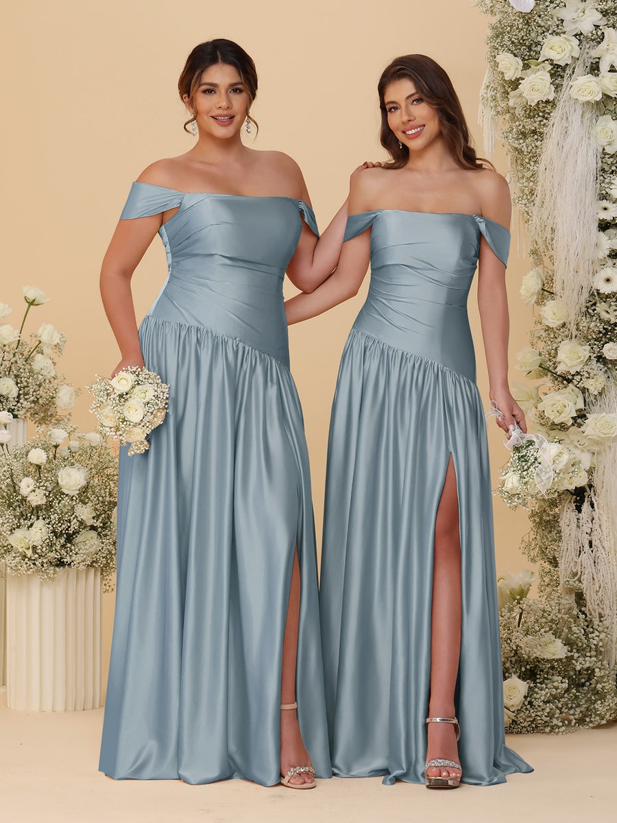 A-Line/Princess Off-the-Shoulder  Ruched Long Bridesmaid Dresses With Side Slit & Pleats - 이미지 44