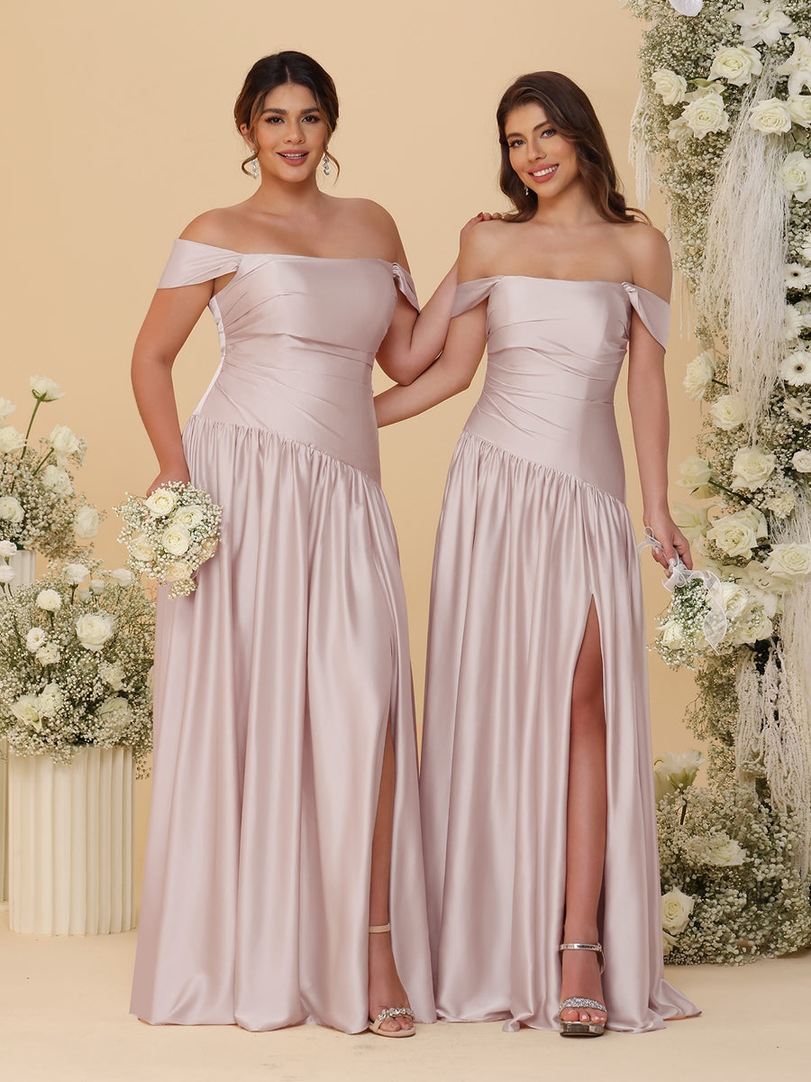 A-Line/Princess Off-the-Shoulder  Ruched Long Bridesmaid Dresses With Side Slit & Pleats - 이미지 45