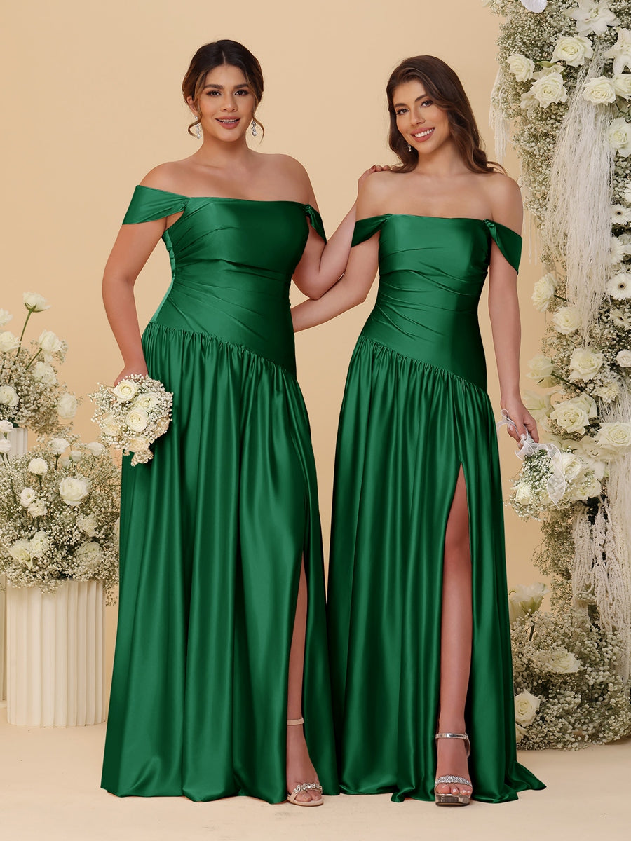 A-Line/Princess Off-the-Shoulder  Ruched Long Bridesmaid Dresses With Side Slit & Pleats - 이미지 64