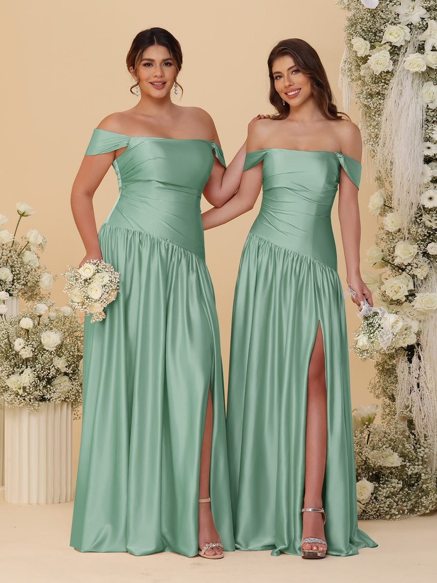 A-Line/Princess Off-the-Shoulder  Ruched Long Bridesmaid Dresses With Side Slit & Pleats - 이미지 65