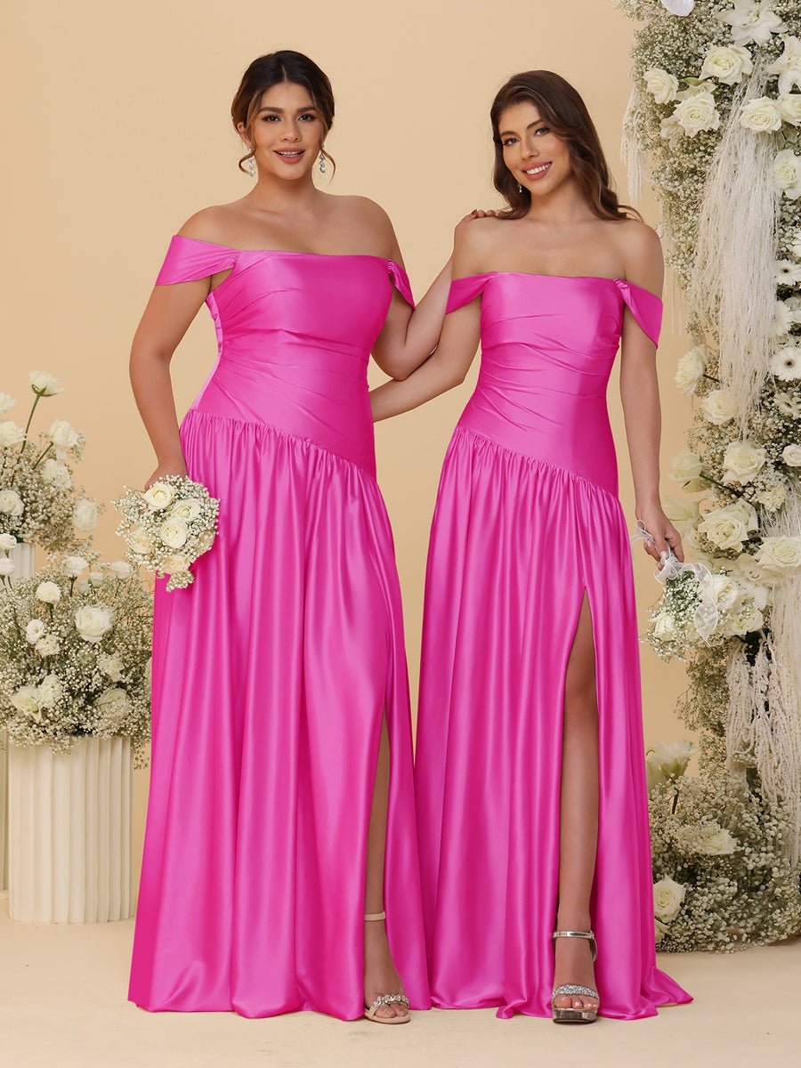 A-Line/Princess Off-the-Shoulder  Ruched Long Bridesmaid Dresses With Side Slit & Pleats - 이미지 47