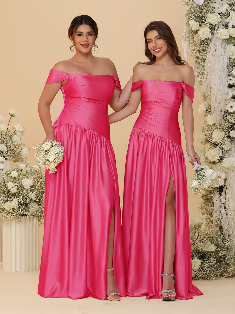 A-Line/Princess Off-the-Shoulder  Ruched Long Bridesmaid Dresses With Side Slit & Pleats - 이미지 48