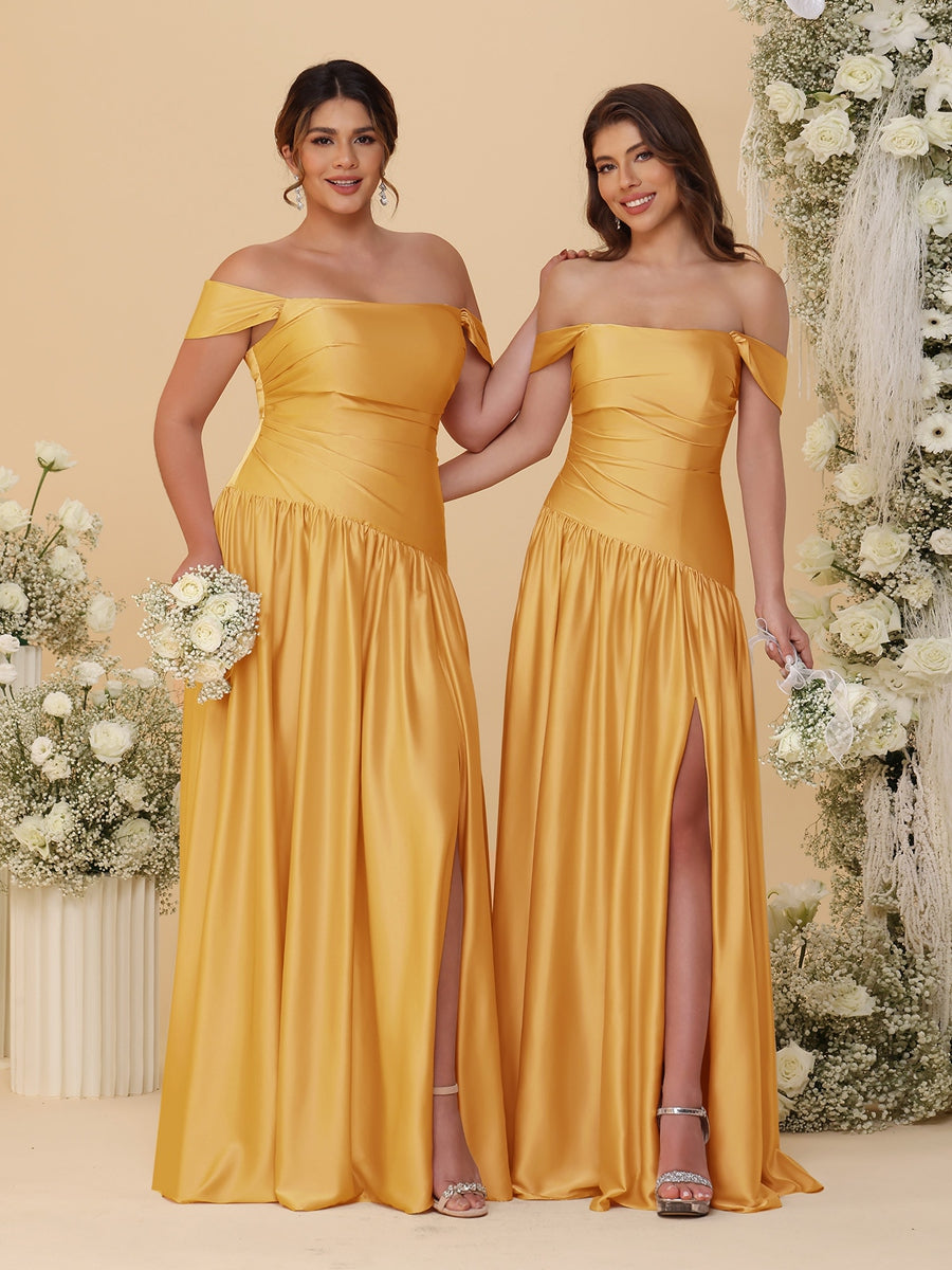 A-Line/Princess Off-the-Shoulder  Ruched Long Bridesmaid Dresses With Side Slit & Pleats - 이미지 49