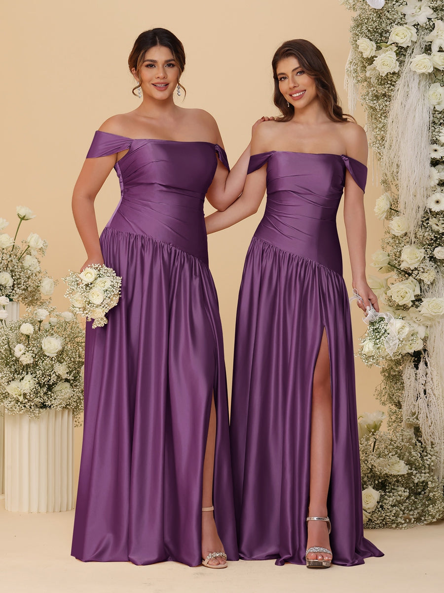 A-Line/Princess Off-the-Shoulder  Ruched Long Bridesmaid Dresses With Side Slit & Pleats - 이미지 50