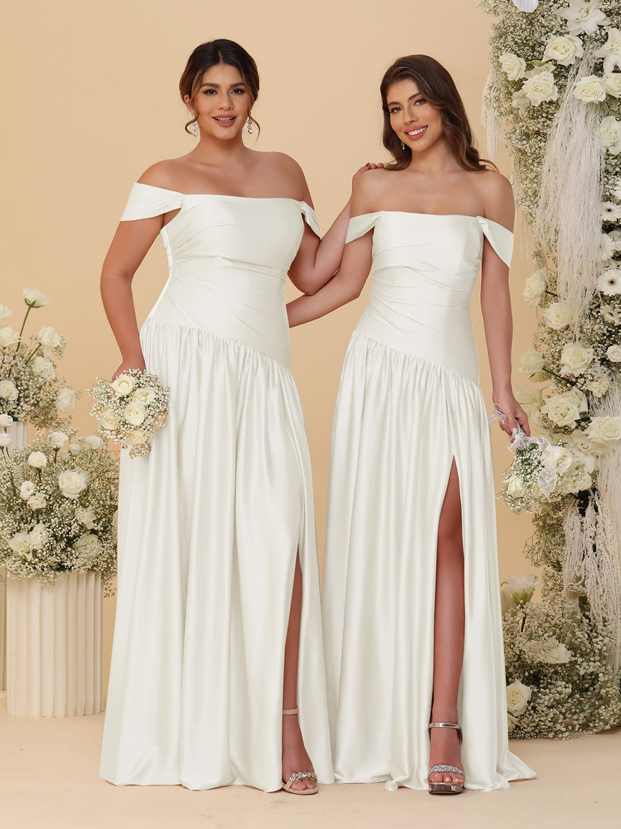 A-Line/Princess Off-the-Shoulder  Ruched Long Bridesmaid Dresses With Side Slit & Pleats - 이미지 13