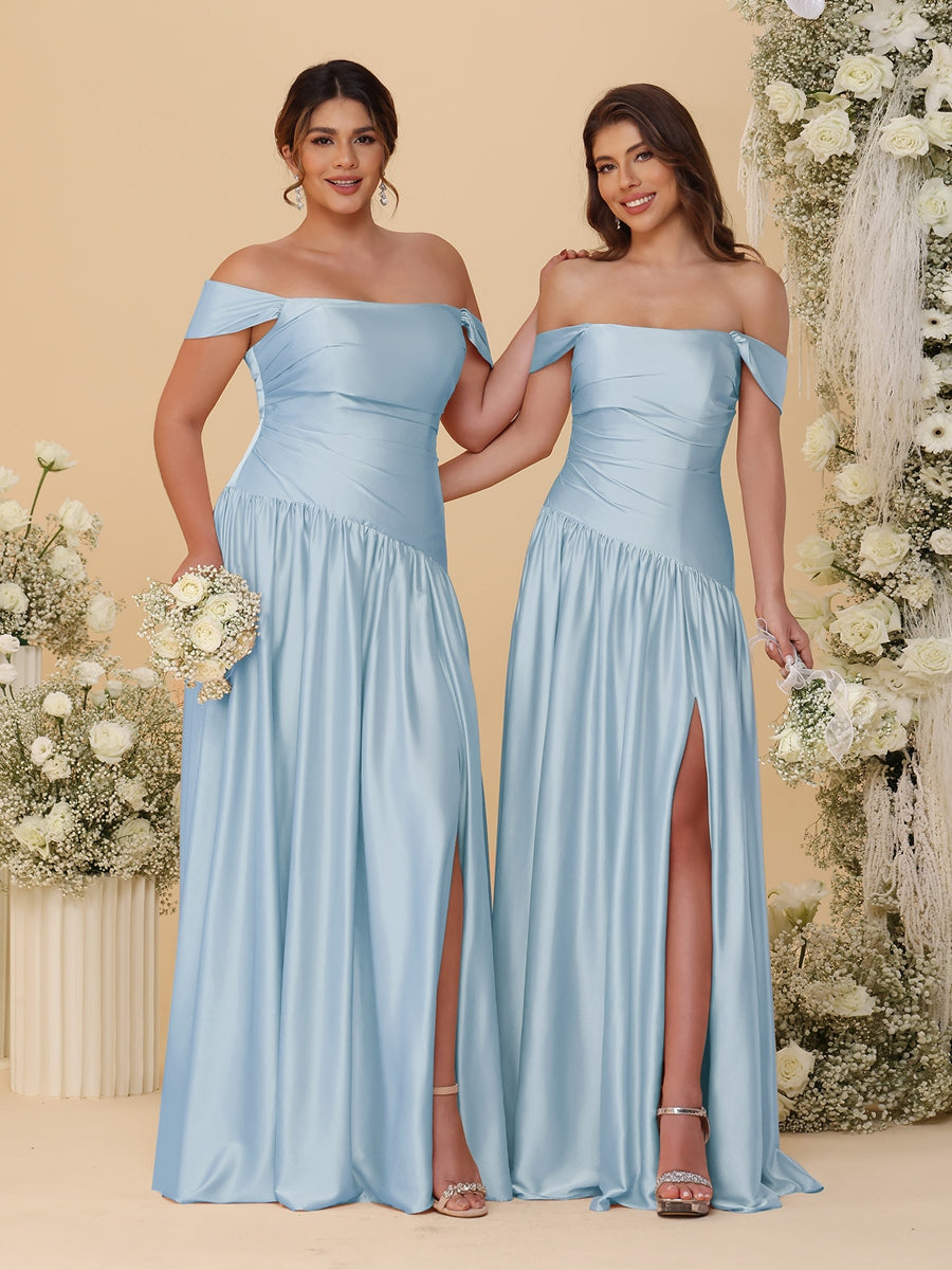 A-Line/Princess Off-the-Shoulder  Ruched Long Bridesmaid Dresses With Side Slit & Pleats - 이미지 53