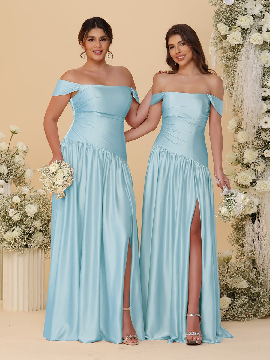 A-Line/Princess Off-the-Shoulder  Ruched Long Bridesmaid Dresses With Side Slit & Pleats - 이미지 27