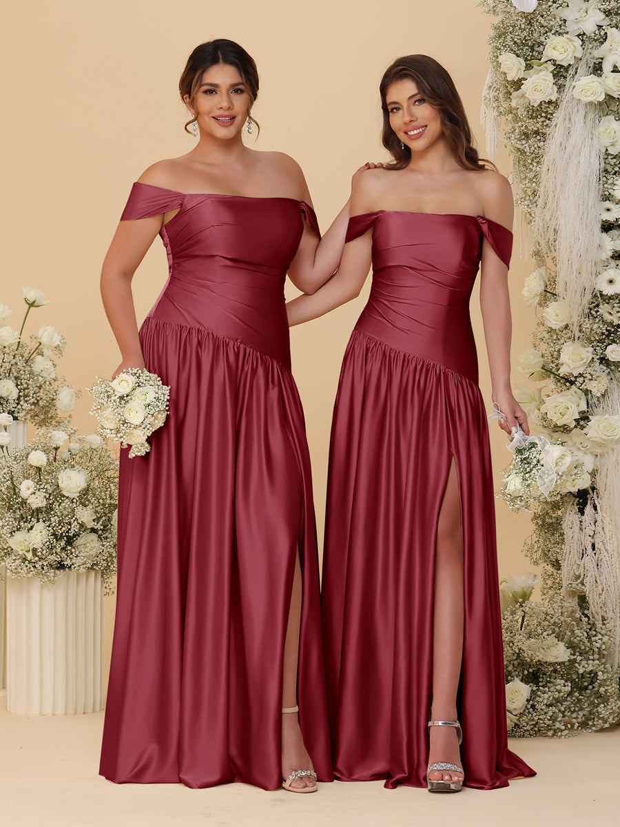 A-Line/Princess Off-the-Shoulder  Ruched Long Bridesmaid Dresses With Side Slit & Pleats - 이미지 67
