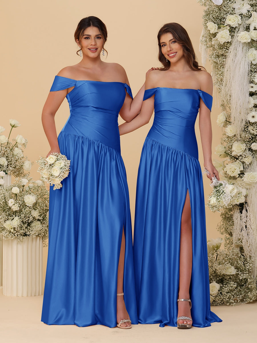 A-Line/Princess Off-the-Shoulder  Ruched Long Bridesmaid Dresses With Side Slit & Pleats - 이미지 68