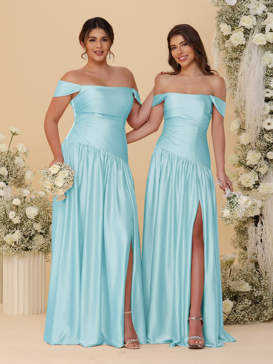 A-Line/Princess Off-the-Shoulder  Ruched Long Bridesmaid Dresses With Side Slit & Pleats - 이미지 29