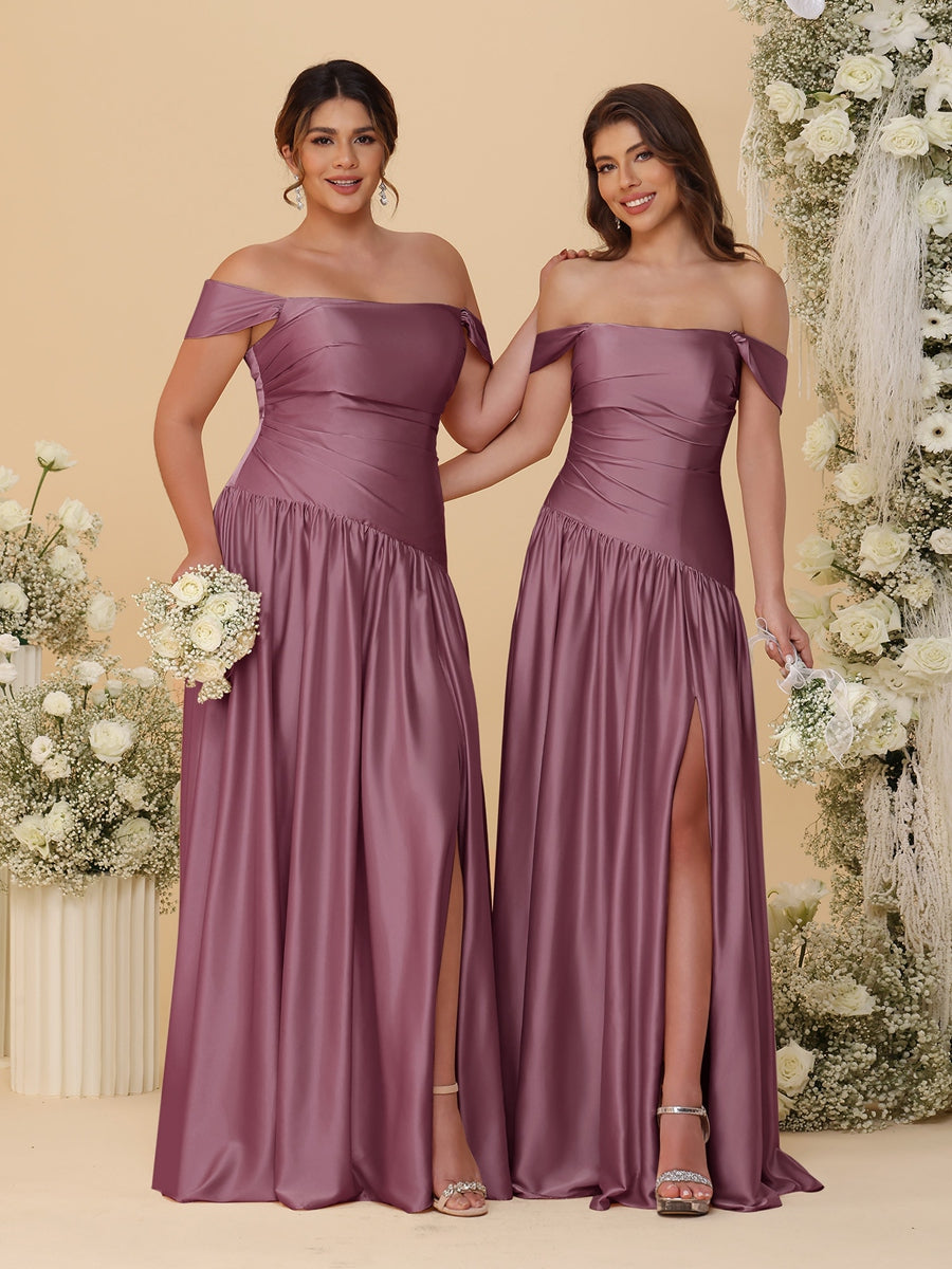 A-Line/Princess Off-the-Shoulder  Ruched Long Bridesmaid Dresses With Side Slit & Pleats - 이미지 30