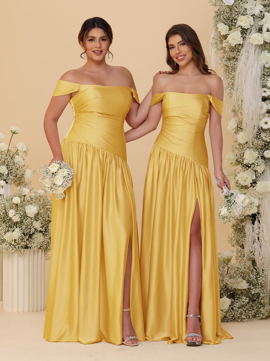 A-Line/Princess Off-the-Shoulder  Ruched Long Bridesmaid Dresses With Side Slit & Pleats - 이미지 20