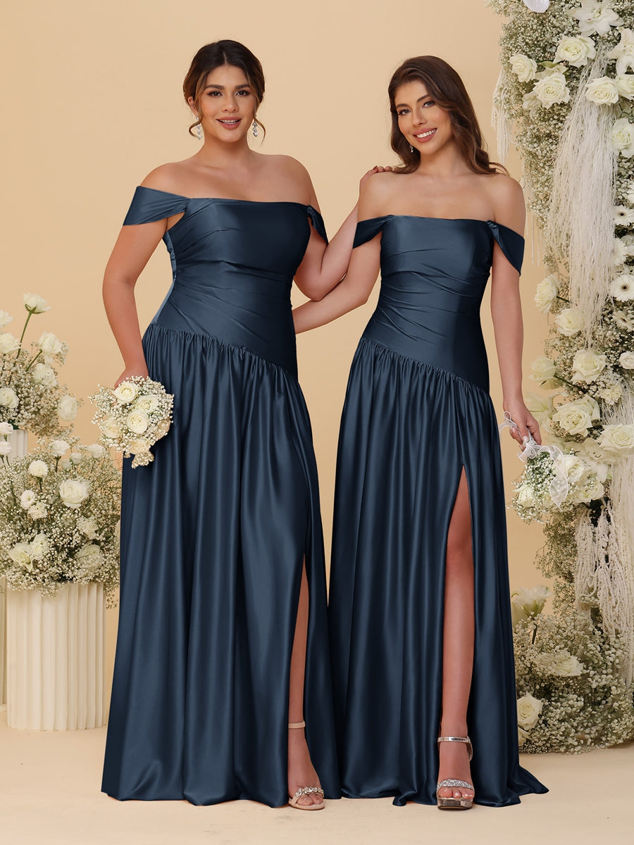 A-Line/Princess Off-the-Shoulder  Ruched Long Bridesmaid Dresses With Side Slit & Pleats - 이미지 31