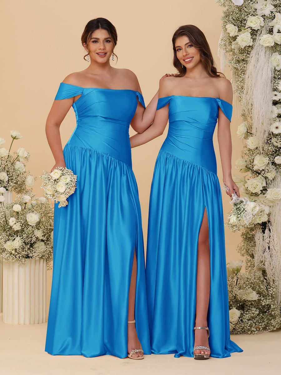 A-Line/Princess Off-the-Shoulder  Ruched Long Bridesmaid Dresses With Side Slit & Pleats - 이미지 37