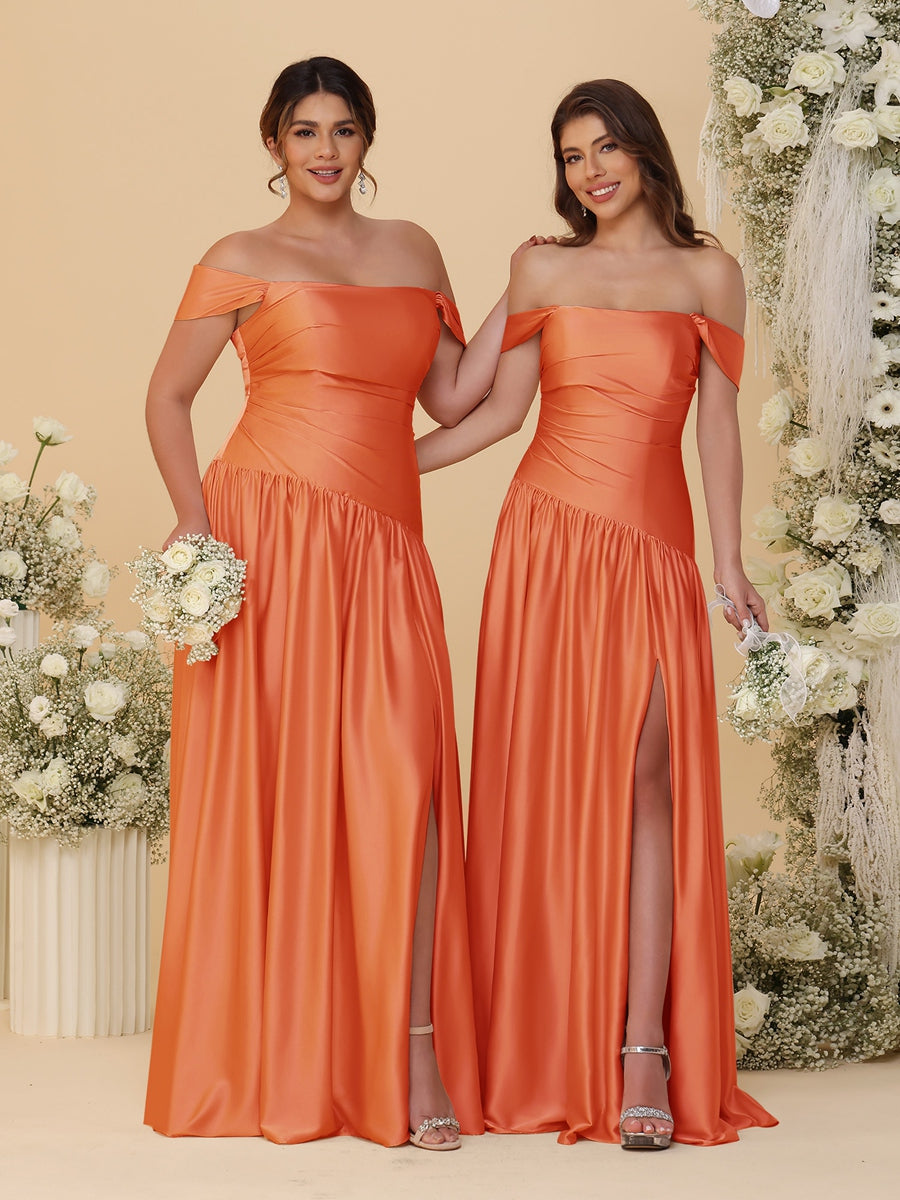 A-Line/Princess Off-the-Shoulder  Ruched Long Bridesmaid Dresses With Side Slit & Pleats - 이미지 55