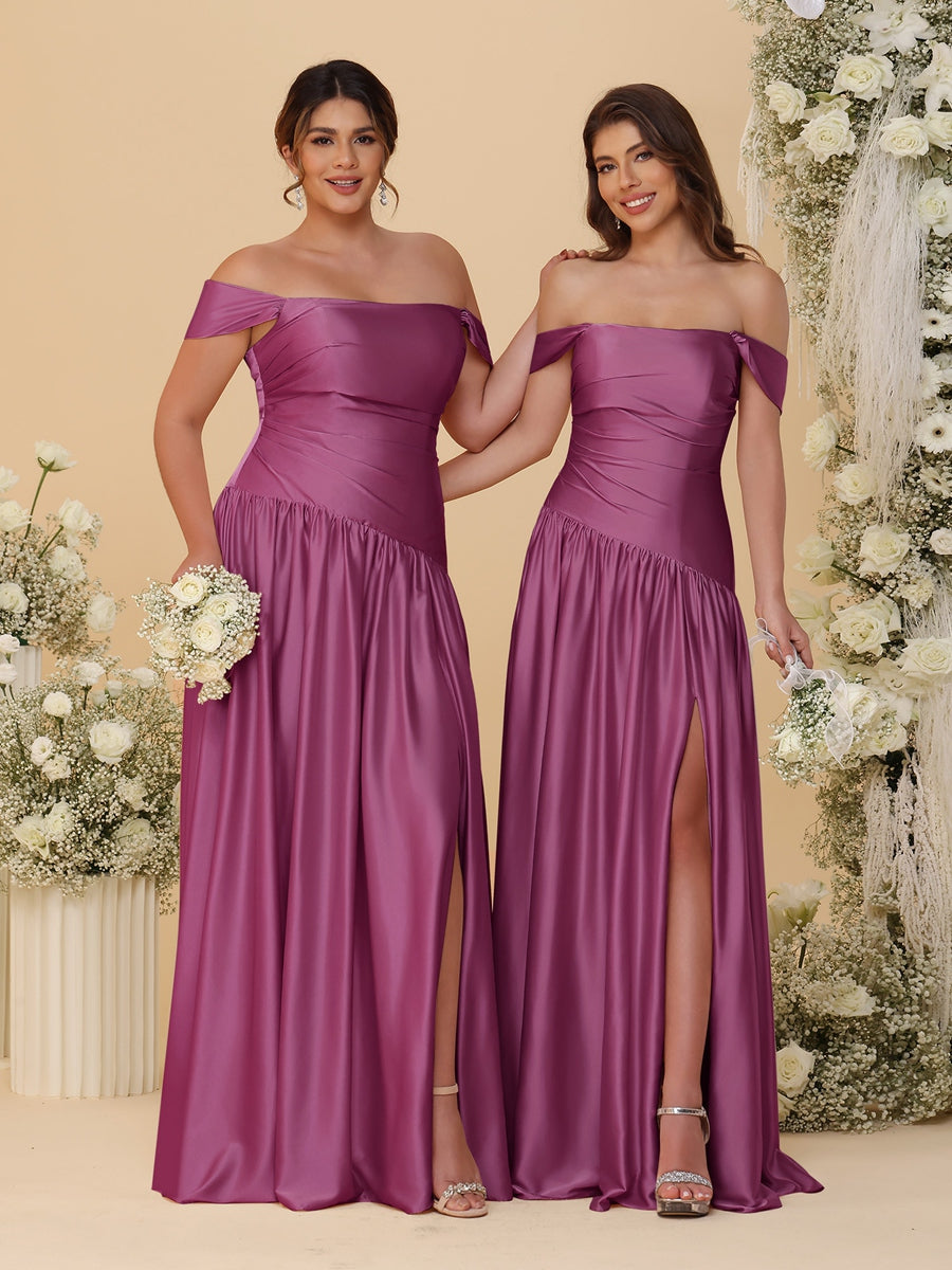 A-Line/Princess Off-the-Shoulder  Ruched Long Bridesmaid Dresses With Side Slit & Pleats - 이미지 56