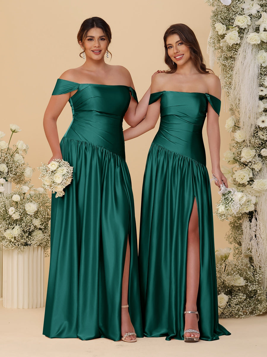 A-Line/Princess Off-the-Shoulder  Ruched Long Bridesmaid Dresses With Side Slit & Pleats - 이미지 57