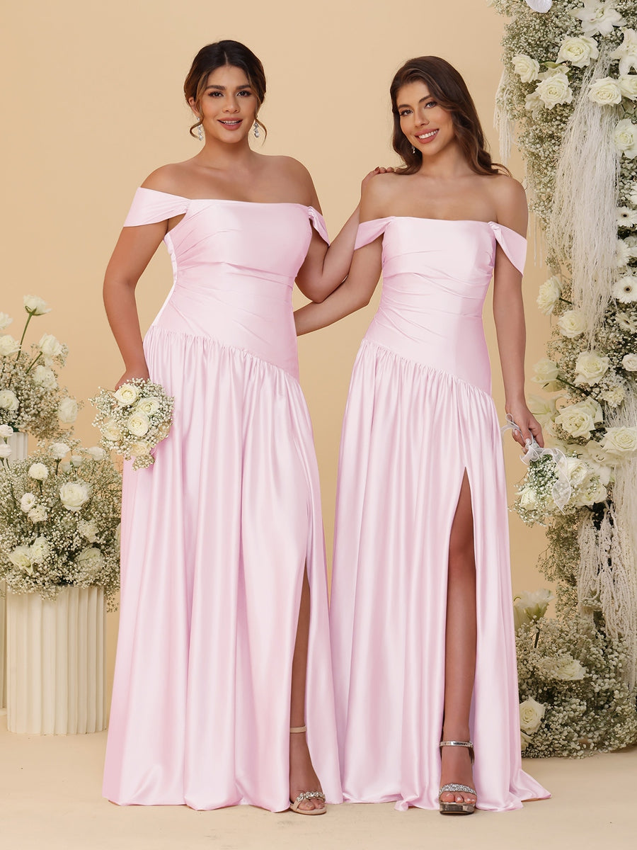 A-Line/Princess Off-the-Shoulder  Ruched Long Bridesmaid Dresses With Side Slit & Pleats - 이미지 22
