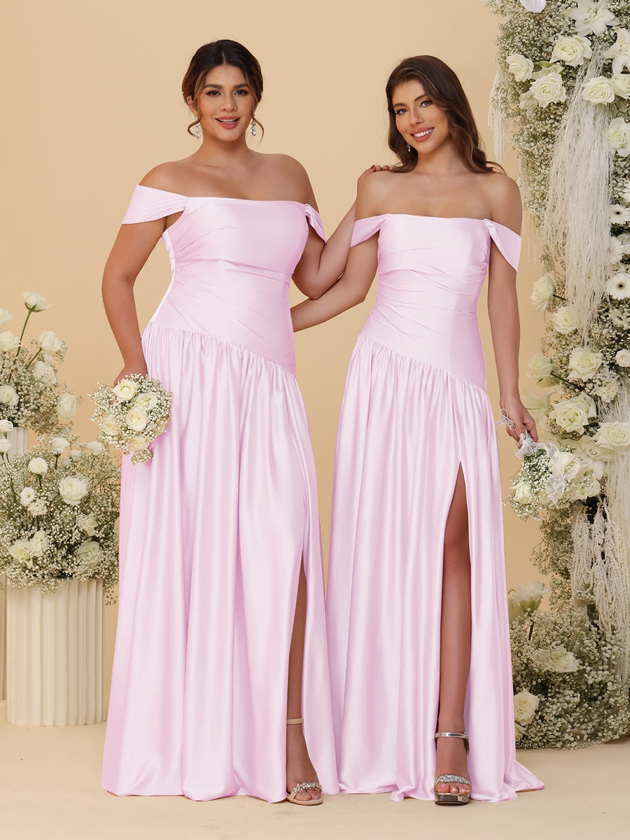 A-Line/Princess Off-the-Shoulder  Ruched Long Bridesmaid Dresses With Side Slit & Pleats - 이미지 14