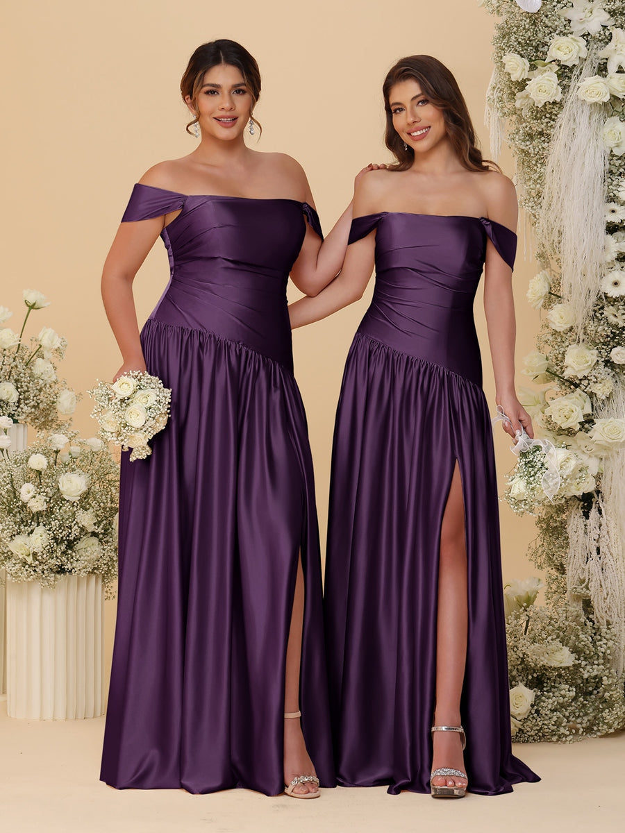 A-Line/Princess Off-the-Shoulder  Ruched Long Bridesmaid Dresses With Side Slit & Pleats - 이미지 38