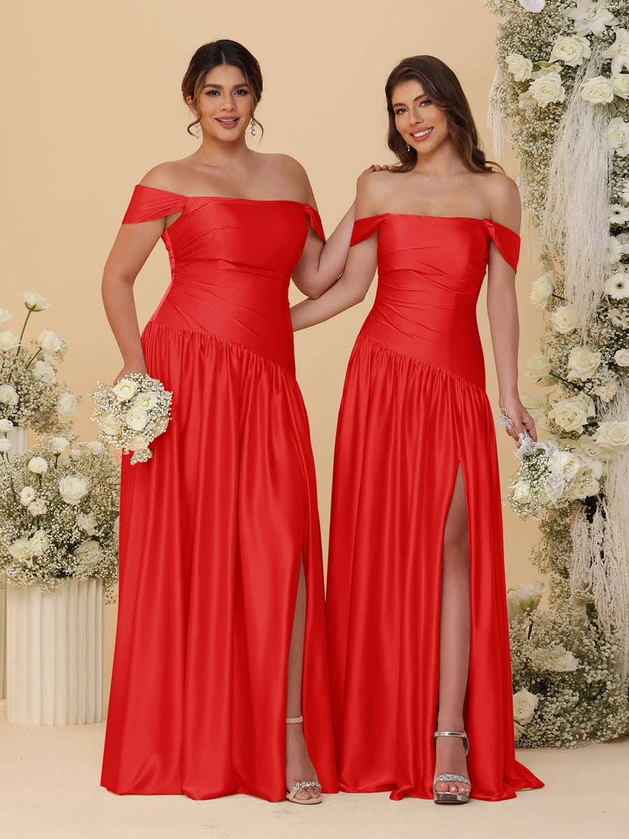 A-Line/Princess Off-the-Shoulder  Ruched Long Bridesmaid Dresses With Side Slit & Pleats - 이미지 32