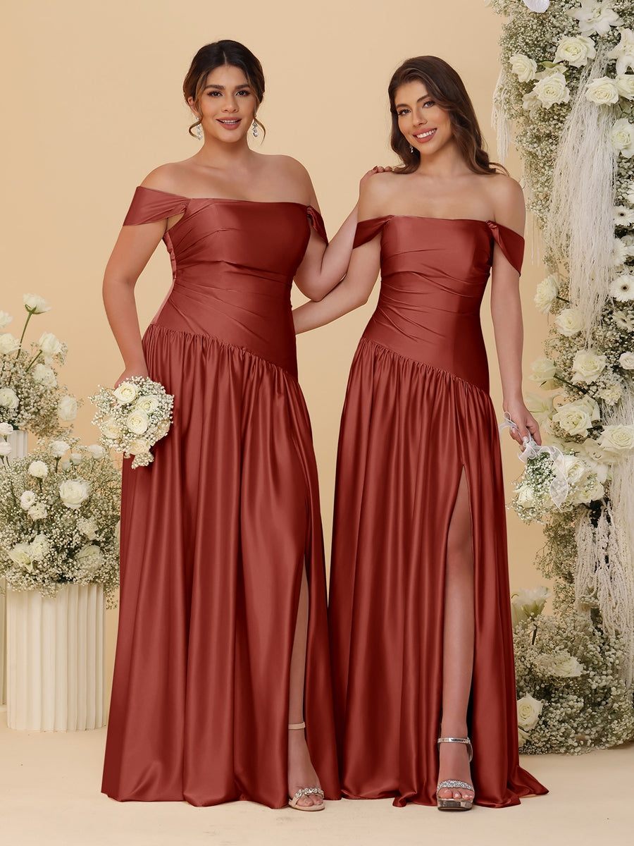 A-Line/Princess Off-the-Shoulder  Ruched Long Bridesmaid Dresses With Side Slit & Pleats - 이미지 58