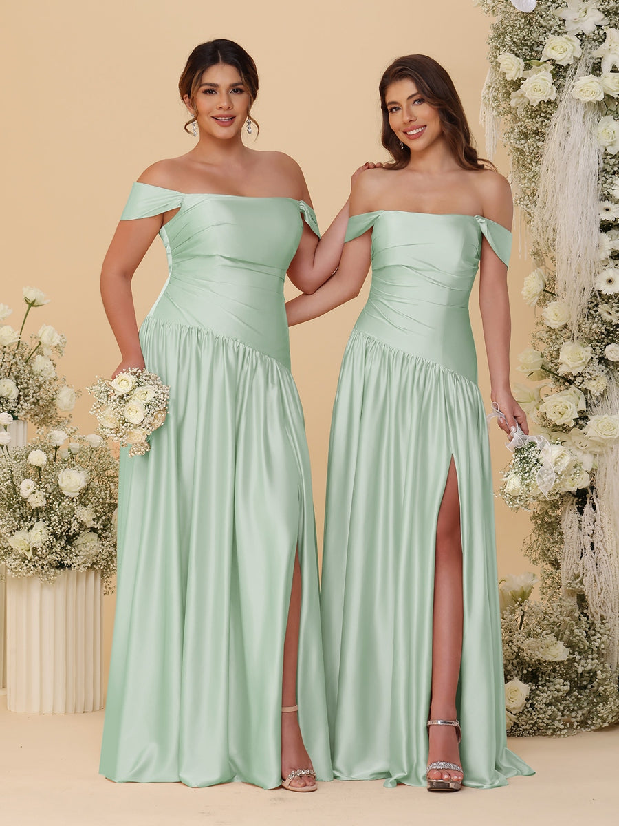 A-Line/Princess Off-the-Shoulder  Ruched Long Bridesmaid Dresses With Side Slit & Pleats - 이미지 23