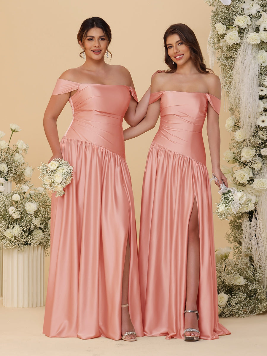 A-Line/Princess Off-the-Shoulder  Ruched Long Bridesmaid Dresses With Side Slit & Pleats - 이미지 69