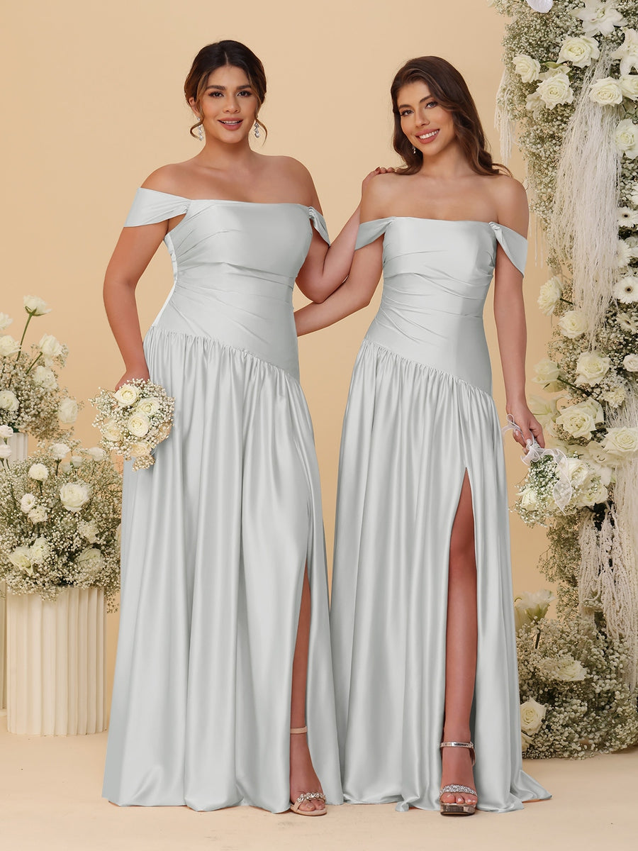 A-Line/Princess Off-the-Shoulder  Ruched Long Bridesmaid Dresses With Side Slit & Pleats - 이미지 15