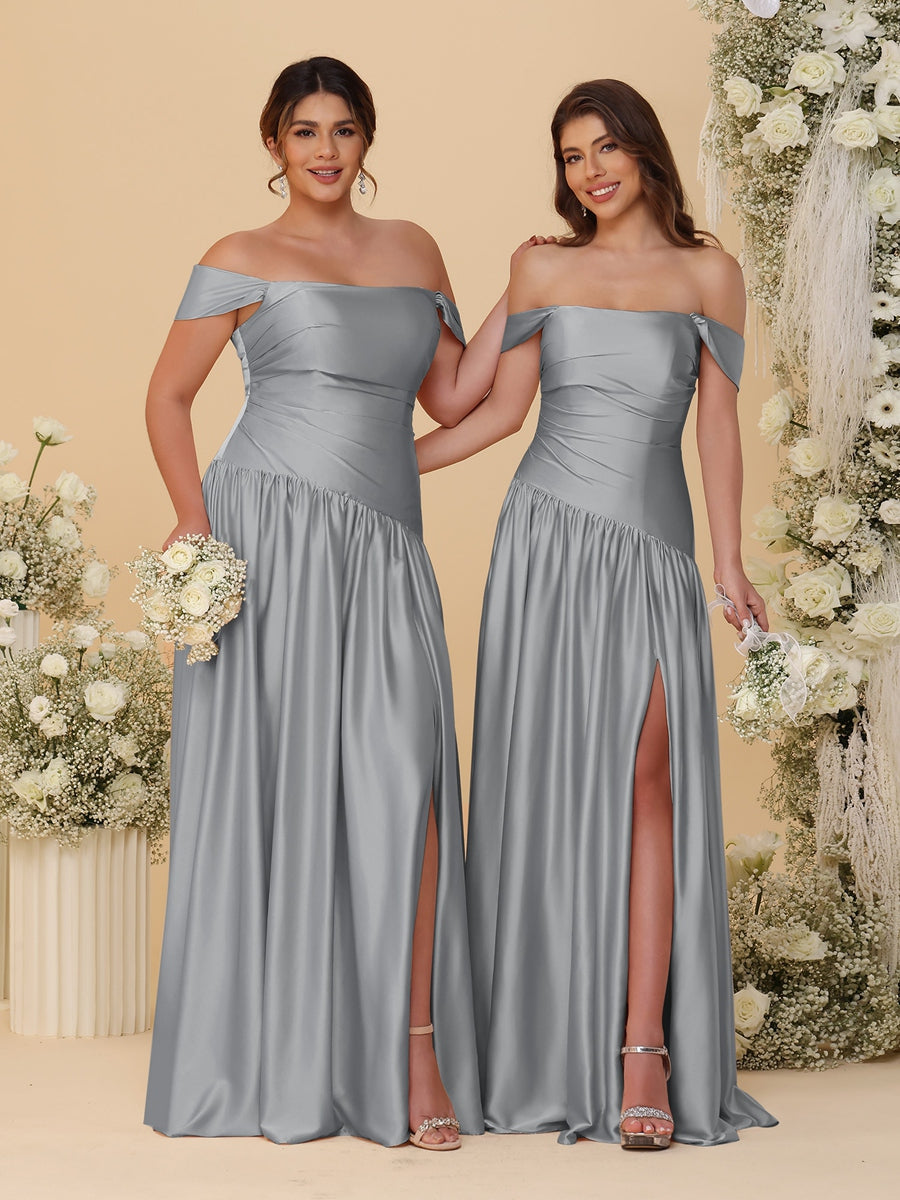 A-Line/Princess Off-the-Shoulder  Ruched Long Bridesmaid Dresses With Side Slit & Pleats - 이미지 59