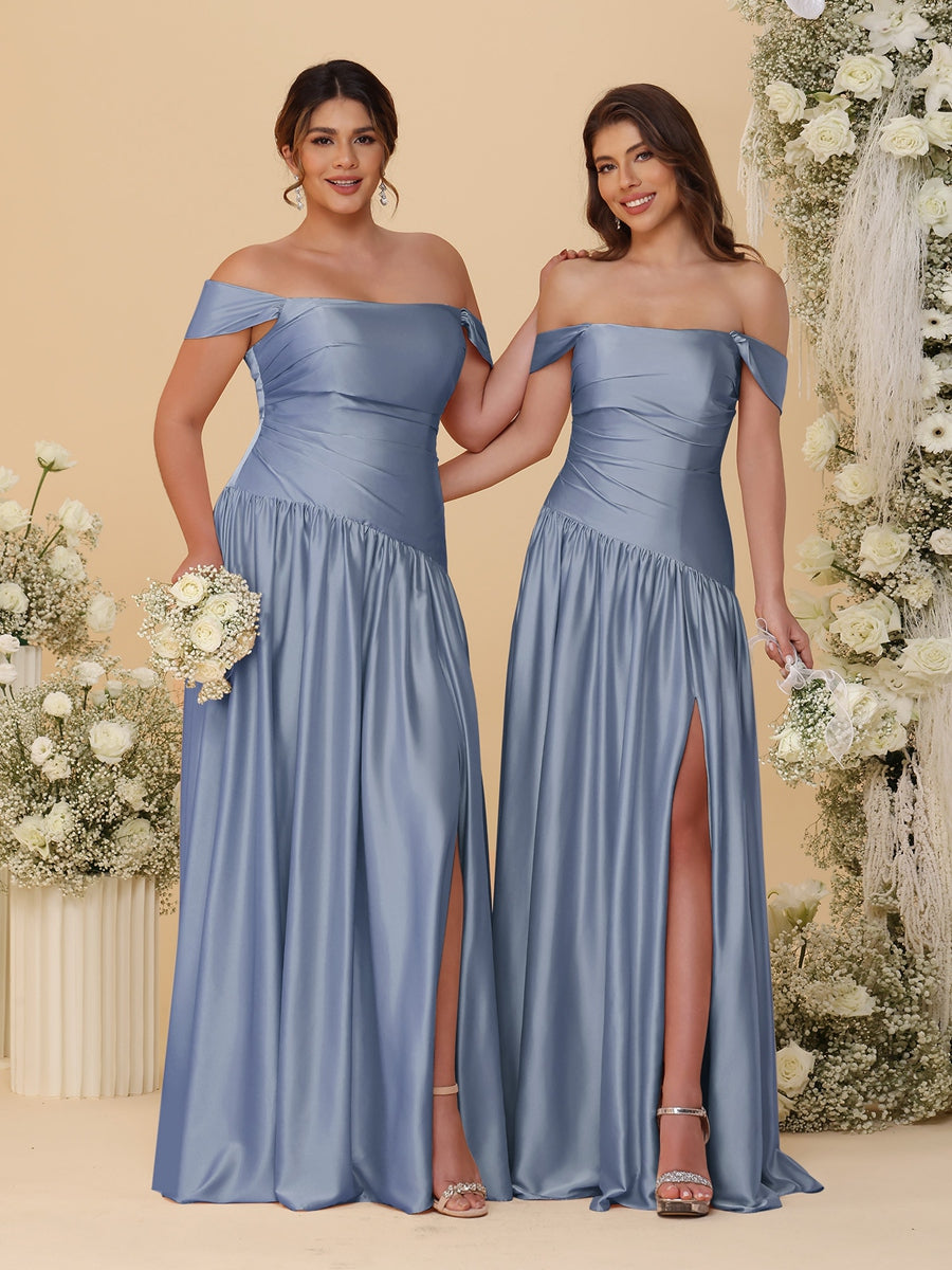 A-Line/Princess Off-the-Shoulder  Ruched Long Bridesmaid Dresses With Side Slit & Pleats - 이미지 61