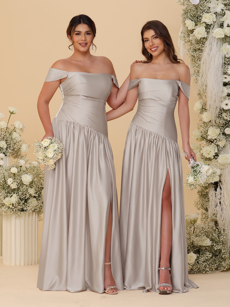 A-Line/Princess Off-the-Shoulder  Ruched Long Bridesmaid Dresses With Side Slit & Pleats - 이미지 17