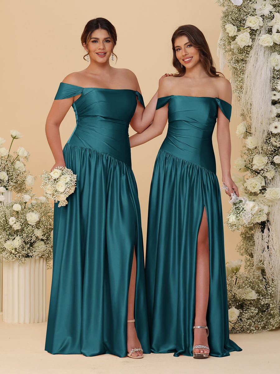 A-Line/Princess Off-the-Shoulder  Ruched Long Bridesmaid Dresses With Side Slit & Pleats - 이미지 70