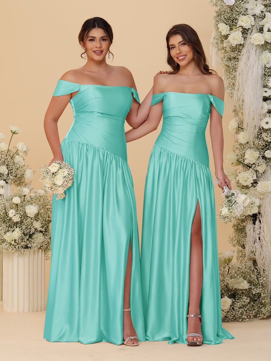 A-Line/Princess Off-the-Shoulder  Ruched Long Bridesmaid Dresses With Side Slit & Pleats - 이미지 62