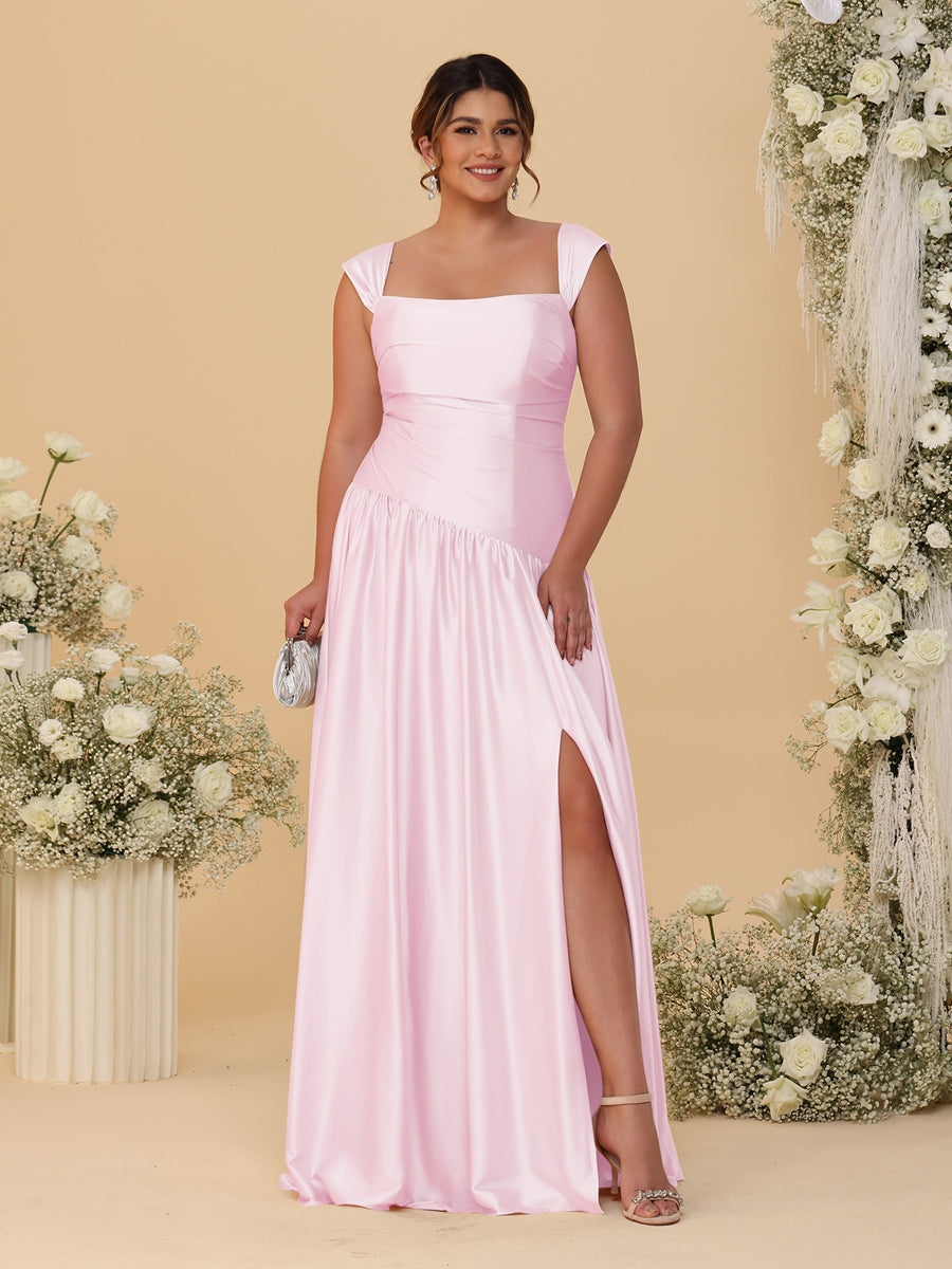 A-Line/Princess Off-the-Shoulder Plus Size Bridesmaid Dresses With Side Slit & Pleats - 이미지 58