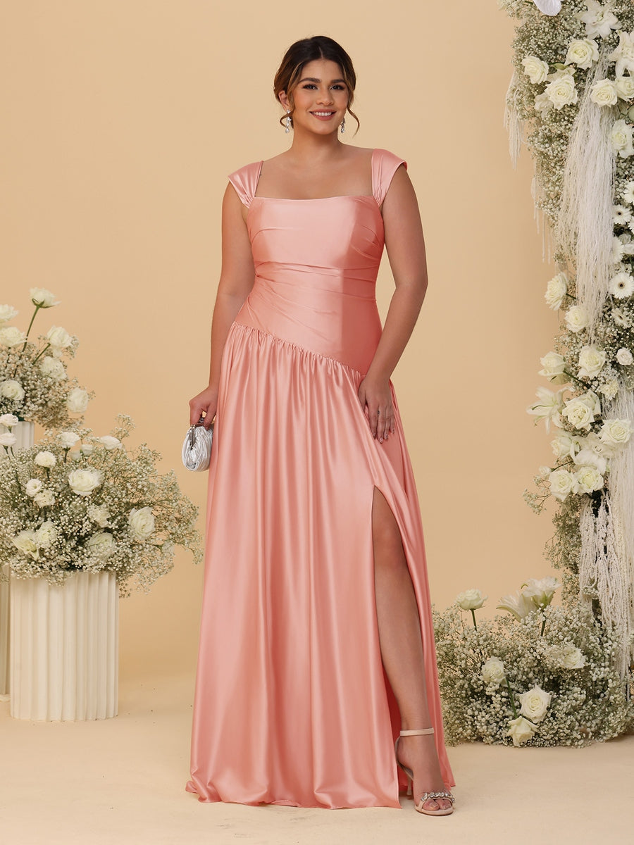 A-Line/Princess Off-the-Shoulder Plus Size Bridesmaid Dresses With Side Slit & Pleats - 이미지 33