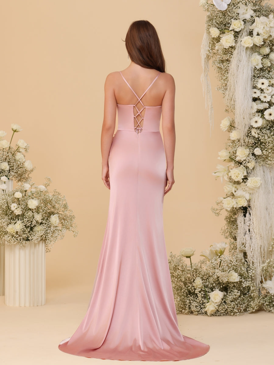 Sheath/Column Spaghetti Straps Sleeveless Ruched Long Bridesmaid Dresses With Side Slit - 画像 (2)