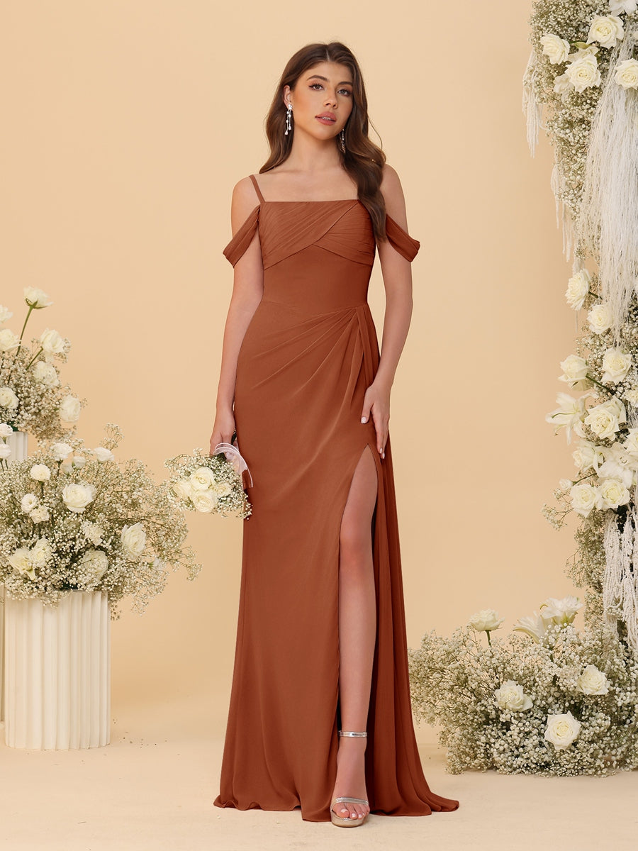 Sheath/Column Off-the-Shoulder Spaghetti Straps Long Ruched Bridesmaid Dresses With Side Slit - 画像 (13)
